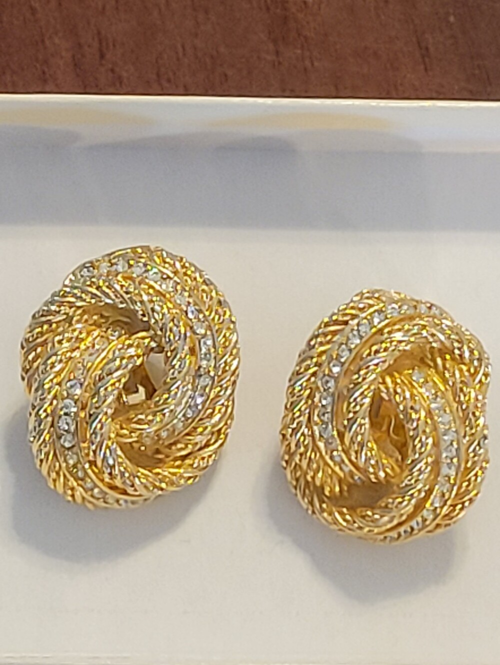 Vintage Chr Dior,clip On,Gold Plated Knot Stud Earrings with Clear Crystal